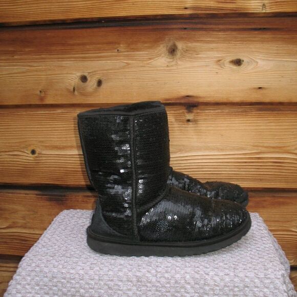 UGG Black Short Sequin Boots 7 - Picture 4 of 9